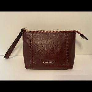 CARPISA BAG WRISTLET LOOP CLUTCH BURGUNDY RED PURPLE LEATHER ZIP TOP